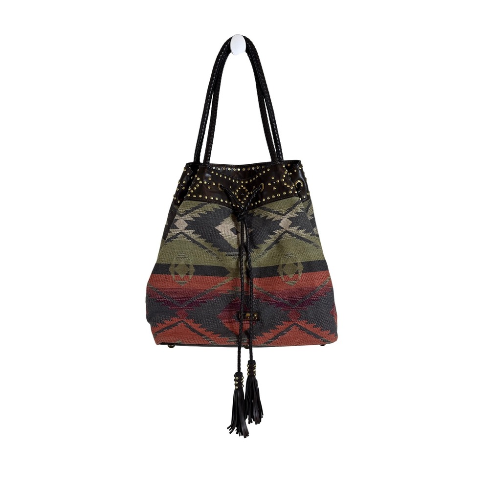 Gunas Aztec Studded Vegan Leather Bucket Bag Purse Drawstring Boho Festival‎